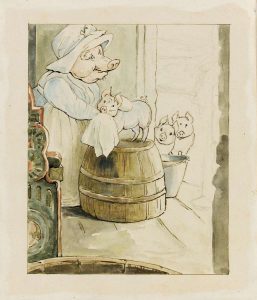 Beatrix Potter (1866-1943), “Aunt Pettitoes & Three Piglets” (c.1912), pencil, ink & watercolor, Lucas Museum of Narrative Art